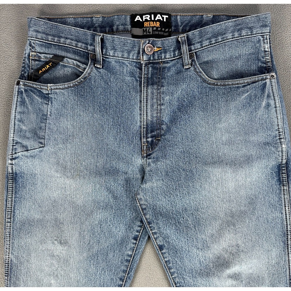 Ariat Jeans 35x32 Blue Rebar M4 Low Rise Bootcut Distressed Western Cowboy Rodeo